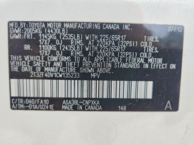 53664586 :رقم المزاد ، 2T3ZF4DV1CW135233 vin ، 2012 Toyota Rav4 مزاد بيع