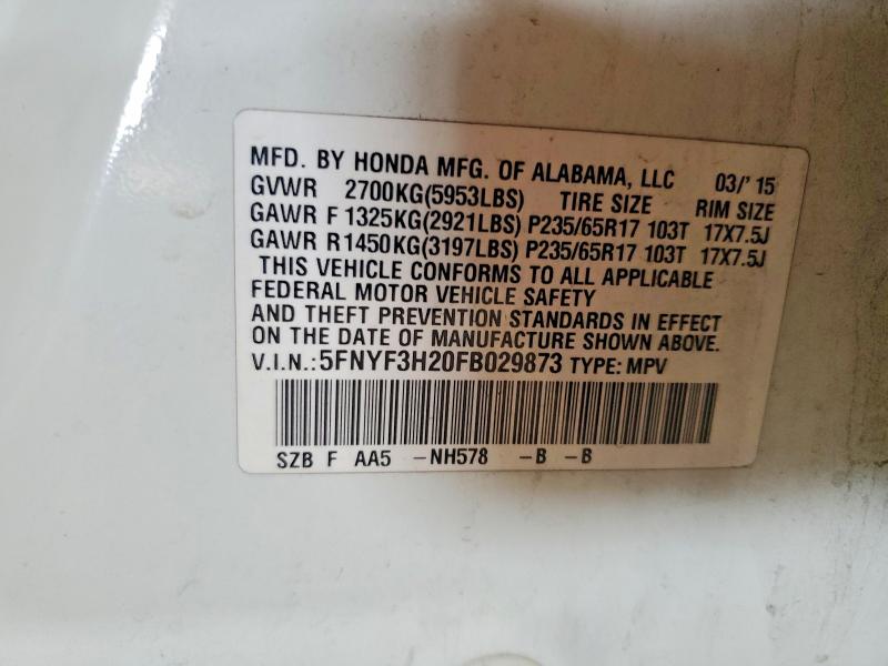 2015 Honda Pilot მანქანა იყიდება აუქციონზე, vin: 5FNYF3H20FB029873, აუქციონის ნომერი: 53129736