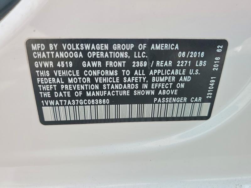 Продаж на аукціоні авто 2016 Volkswagen Passat, vin: 1VWAT7A37GC063860, номер лоту: 52236036