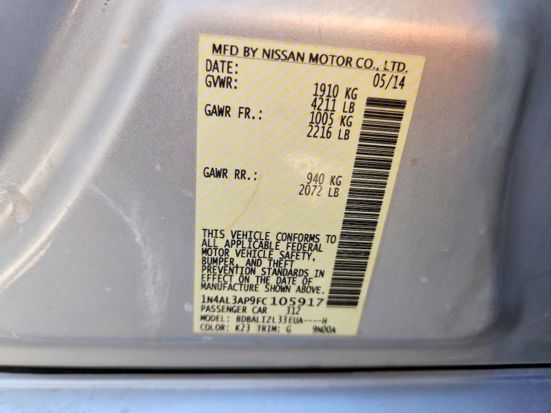 2015 Nissan Altima მანქანა იყიდება აუქციონზე, vin: 1N4AL3AP9FC105917, აუქციონის ნომერი: 54859286