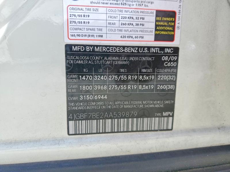 2010 Mercedes-benz Gl მანქანა იყიდება აუქციონზე, vin: 4JGBF7BE2AA539879, აუქციონის ნომერი: 54882656