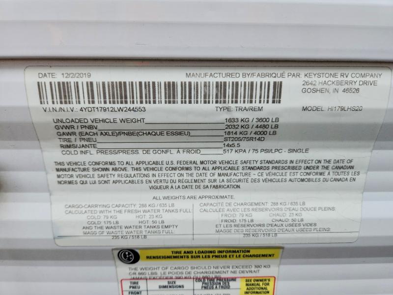 Auction sale of the 2020 Kyrv Hideout, vin: 4YDT17912LW244553, lot number: 52863776