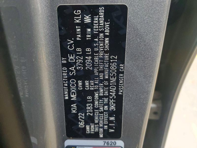 54094046 :رقم المزاد ، 3KPF54AD1NE508612 vin ، 2022 Kia Forte مزاد بيع