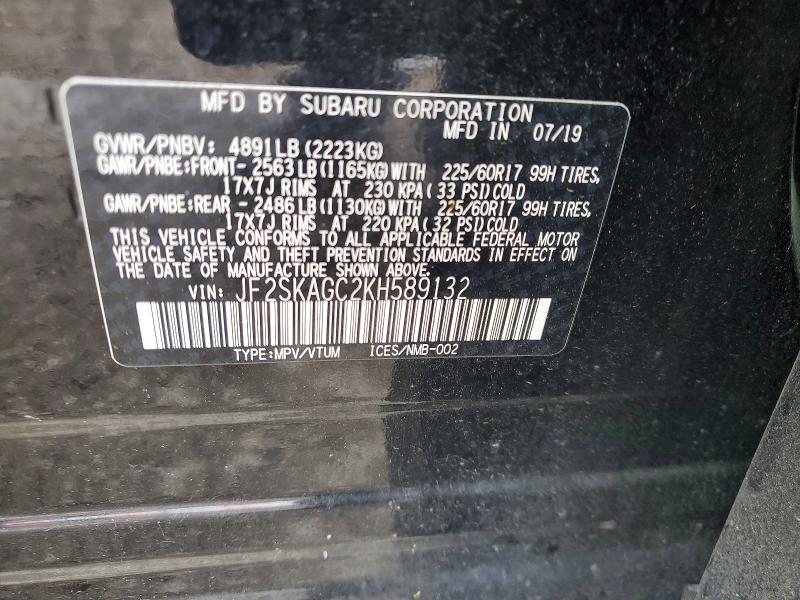 54244296 :رقم المزاد ، JF2SKAGC2KH589132 vin ، 2019 Subaru Forester مزاد بيع