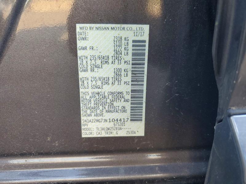 53964796 :رقم المزاد ، 5N1AZ2MG7JN104417 vin ، 2018 Nissan Murano مزاد بيع