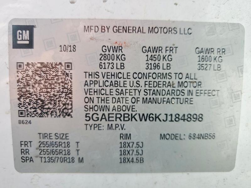 2019 Buick Enclave მანქანა იყიდება აუქციონზე, vin: 5GAERBKW6KJ184898, აუქციონის ნომერი: 52496636