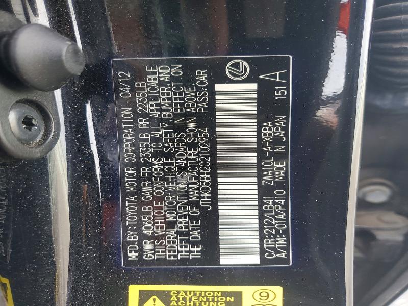 52432186 :رقم المزاد ، JTHKD5BH2C2102954 vin ، 2012 Lexus Ct مزاد بيع
