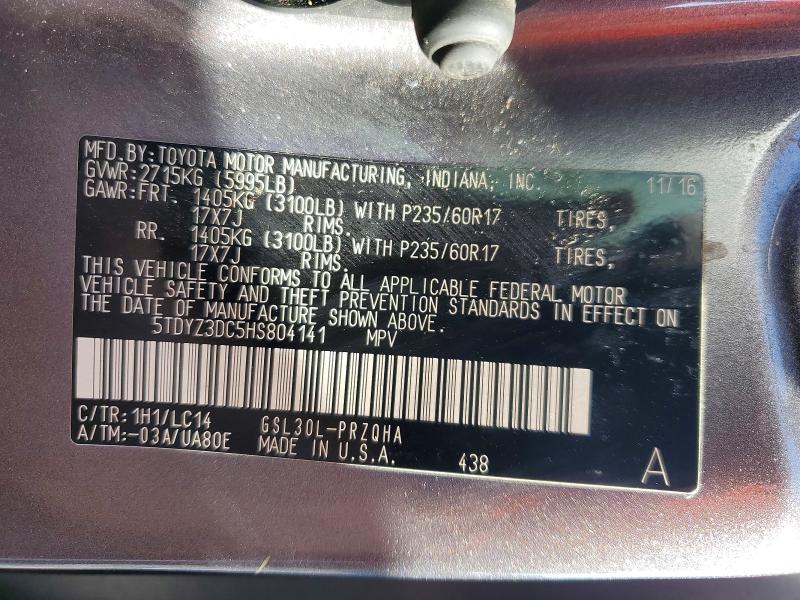 Aukcja sprzedaży 2017 Toyota Sienna, vin: 5TDYZ3DC5HS804141, numer aukcji: 55233296