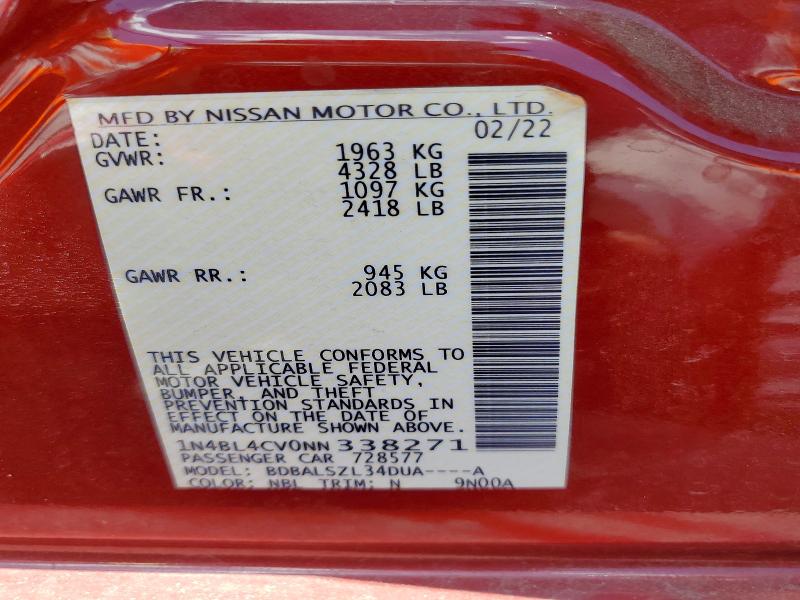 2022 Nissan Altima მანქანა იყიდება აუქციონზე, vin: 1N4BL4CV0NN338271, აუქციონის ნომერი: 55371486