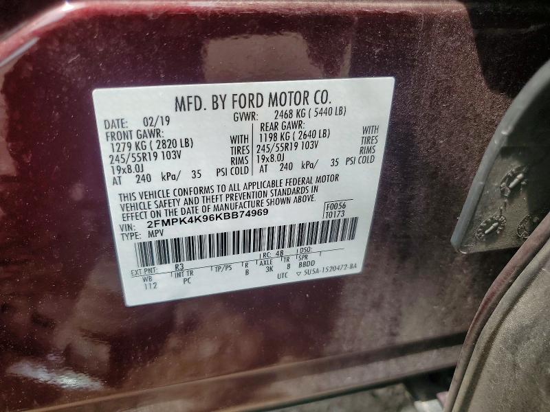 Продаж на аукціоні авто 2019 Ford Edge, vin: 2FMPK4K96KBB74969, номер лоту: 54723686