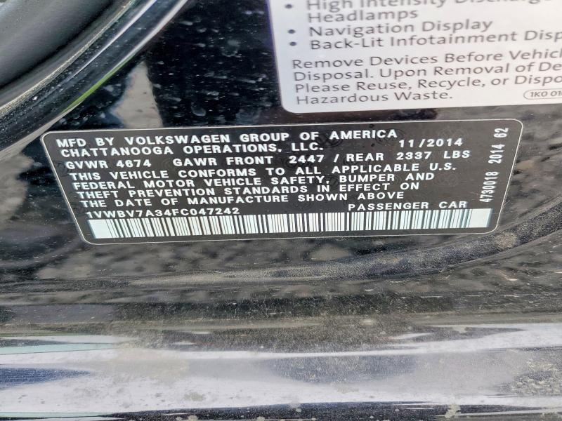 2015 Volkswagen Passat მანქანა იყიდება აუქციონზე, vin: 1VWBV7A34FC047242, აუქციონის ნომერი: 52398236