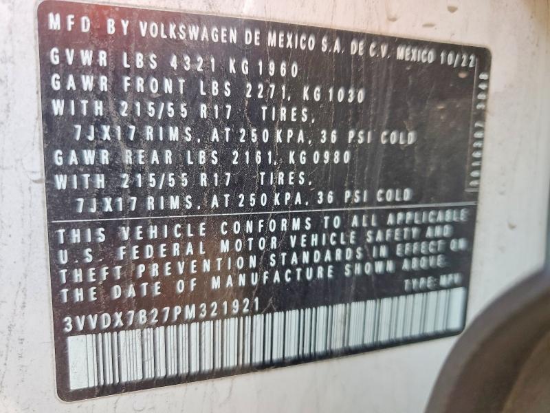 52392686 :رقم المزاد ، 3VVDX7B27PM321921 vin ، 2023 Volkswagen Taos مزاد بيع