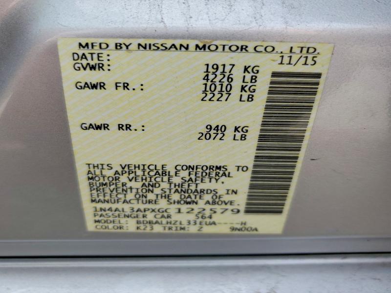 2016 Nissan Altima მანქანა იყიდება აუქციონზე, vin: 1N4AL3APXGC122579, აუქციონის ნომერი: 54541756