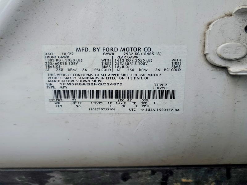 2022 Ford Explorer მანქანა იყიდება აუქციონზე, vin: 1FM5K8AB8NGC24870, აუქციონის ნომერი: 52549206