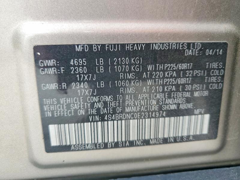 55451846 :رقم المزاد ، 4S4BRDNC0E2314974 vin ، 2014 Subaru Outback مزاد بيع