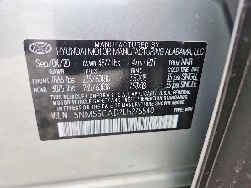 2020 Hyundai Santa Fe მანქანა იყიდება აუქციონზე, vin: 5NMS3CAD2LH275540, აუქციონის ნომერი: 54151586