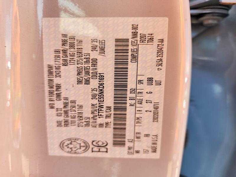 53707686 :رقم المزاد ، 1FTFW1E55NKD61691 vin ، 2022 Ford F150 مزاد بيع