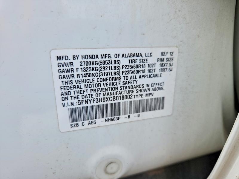 2012 Honda Pilot მანქანა იყიდება აუქციონზე, vin: 5FNYF3H9XCB018002, აუქციონის ნომერი: 53532196