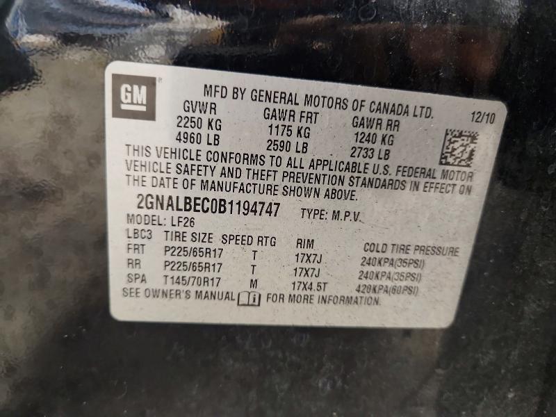 54959046 :رقم المزاد ، 2GNALBEC0B1194747 vin ، 2011 Chevrolet Equinox مزاد بيع