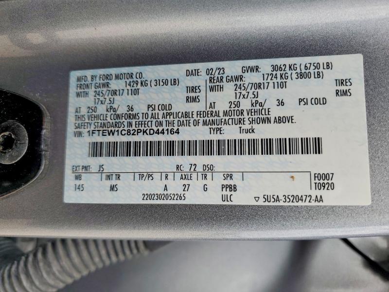 52492736 :رقم المزاد ، 1FTEW1C82PKD44164 vin ، 2023 Ford F150 مزاد بيع