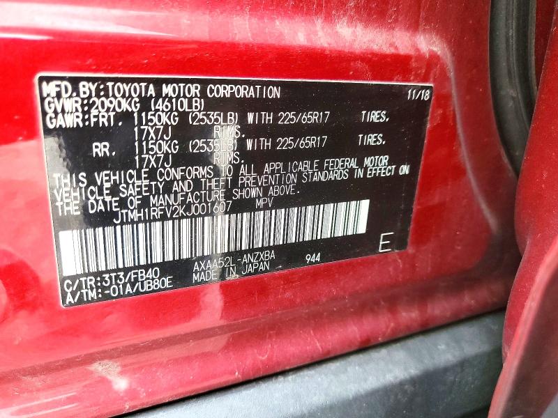 Aukcja sprzedaży 2019 Toyota Rav4, vin: JTMH1RFV2KJ001607, numer aukcji: 52834136