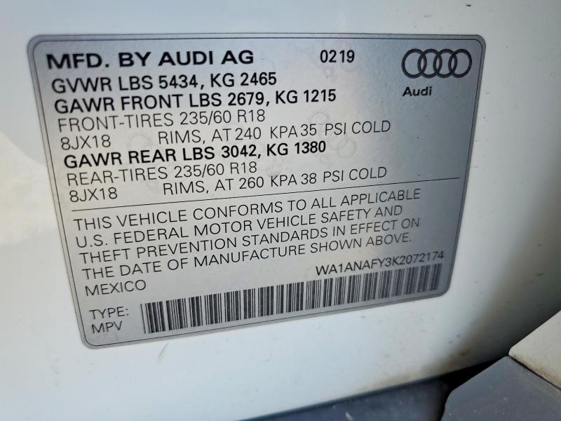 Продаж на аукціоні авто 2019 Audi Q5, vin: WA1ANAFY3K2072174, номер лоту: 53720326