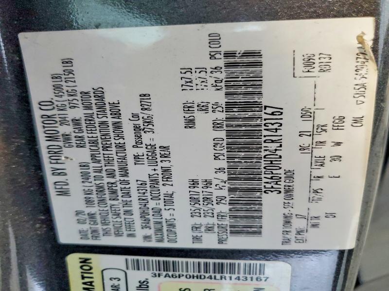 Aukcja sprzedaży 2020 Ford Fusion, vin: 3FA6P0HD4LR143167, numer aukcji: 54882916