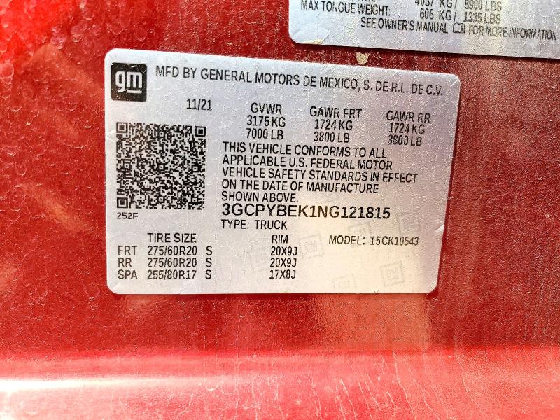 Продаж на аукціоні авто 2022 Chevrolet Silverado Ltd, vin: 3GCPYBEK1NG121815, номер лоту: 52470956