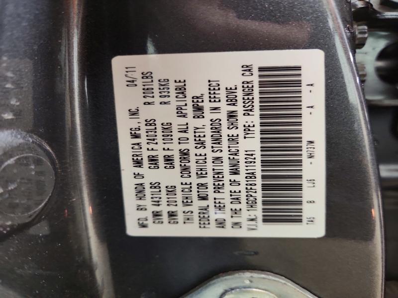2011 Honda Accord მანქანა იყიდება აუქციონზე, vin: 1HGCP2F81BA119241, აუქციონის ნომერი: 54606496