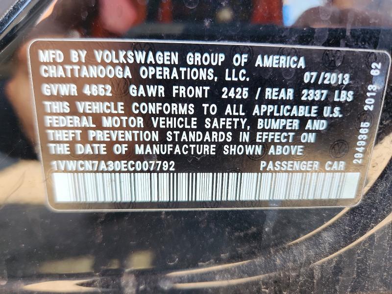 53962286 :رقم المزاد ، 1VWCN7A30EC007792 vin ، 2014 Volkswagen Passat مزاد بيع