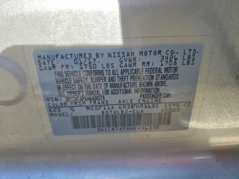 2017 Nissan Versa მანქანა იყიდება აუქციონზე, vin: 3N1CN7APXHK436378, აუქციონის ნომერი: 52765896