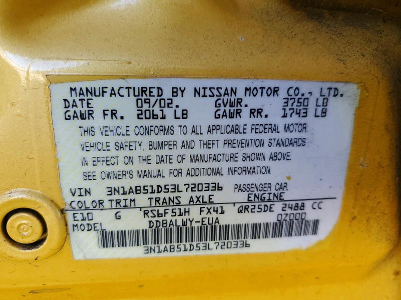 2003 Nissan Sentra მანქანა იყიდება აუქციონზე, vin: 3N1AB51D53L720336, აუქციონის ნომერი: 54479826