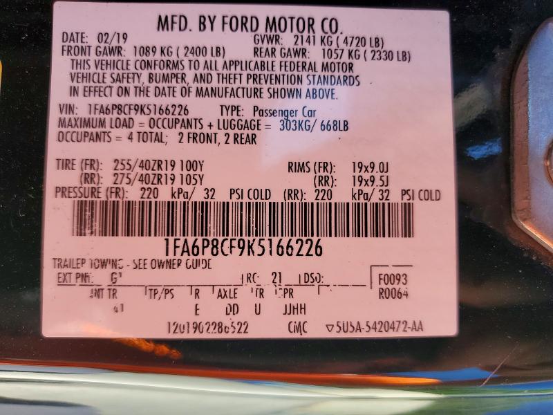 53999366 :رقم المزاد ، 1FA6P8CF9K5166226 vin ، 2019 Ford Mustang مزاد بيع