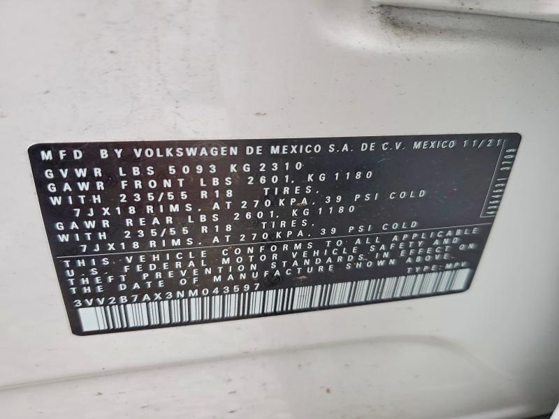 52431026 :رقم المزاد ، 3VV2B7AX3NM043597 vin ، 2022 Volkswagen Tiguan مزاد بيع