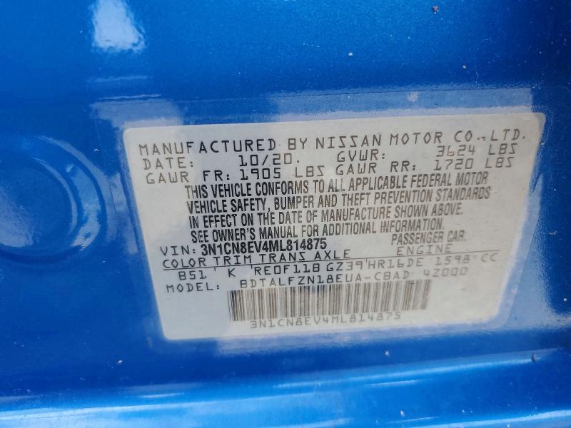 2021 Nissan Versa მანქანა იყიდება აუქციონზე, vin: 3N1CN8EV4ML814875, აუქციონის ნომერი: 53699156