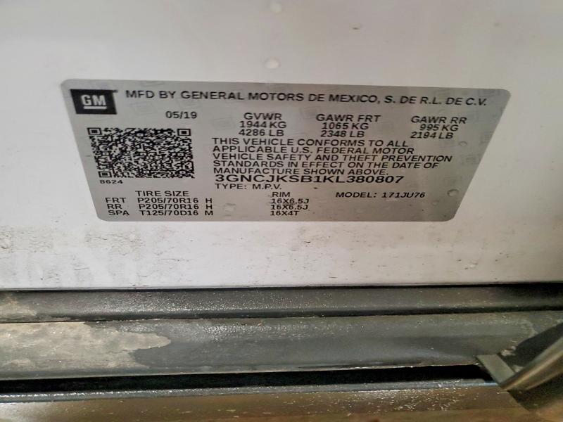 Aukcja sprzedaży 2019 Chevrolet Trax, vin: 3GNCJKSB1KL380807, numer aukcji: 54468396