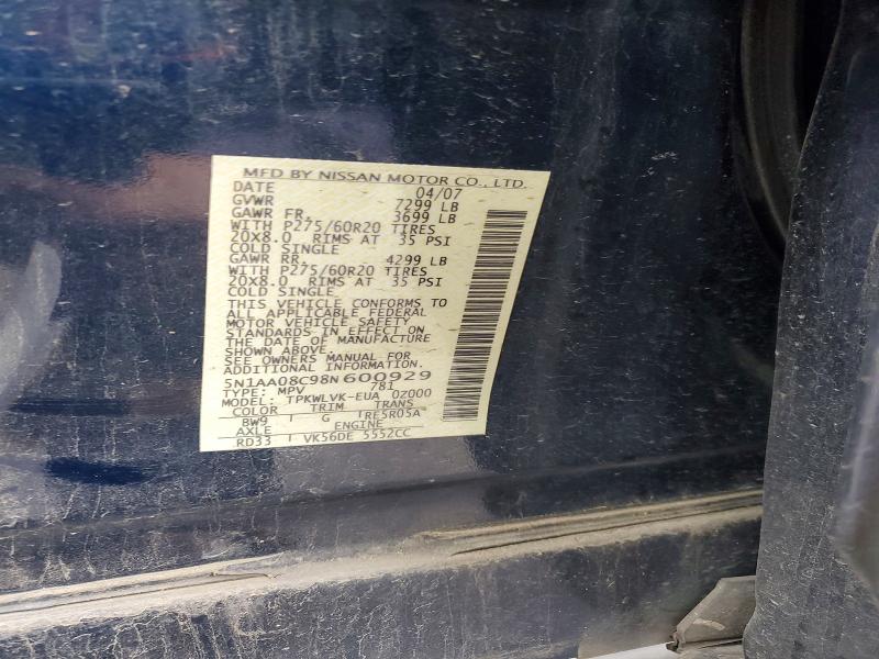 Aukcja sprzedaży 2008 Nissan Armada, vin: 5N1AA08C98N600929, numer aukcji: 54120836