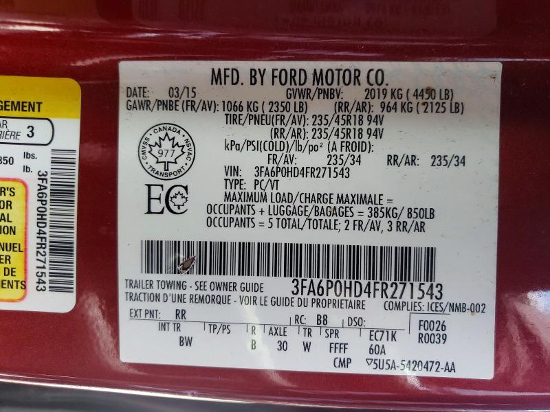 2015 Ford Fusion მანქანა იყიდება აუქციონზე, vin: 3FA6P0HD4FR271543, აუქციონის ნომერი: 54045416