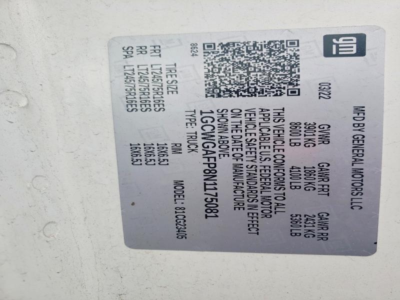 53918476 :رقم المزاد ، 1GCWGAFP8N1175081 vin ، 2022 Chevrolet Express G2500 مزاد بيع