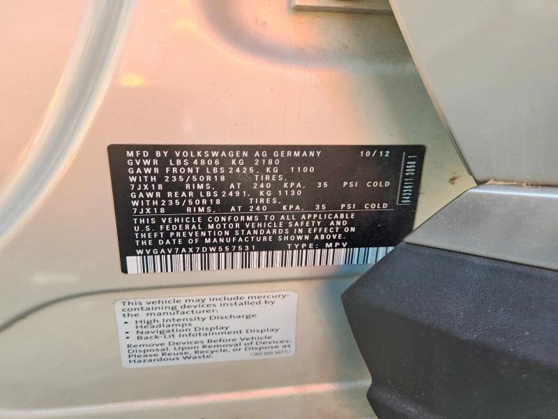 53961836 :رقم المزاد ، WVGAV7AX7DW557531 vin ، 2013 Volkswagen Tiguan مزاد بيع