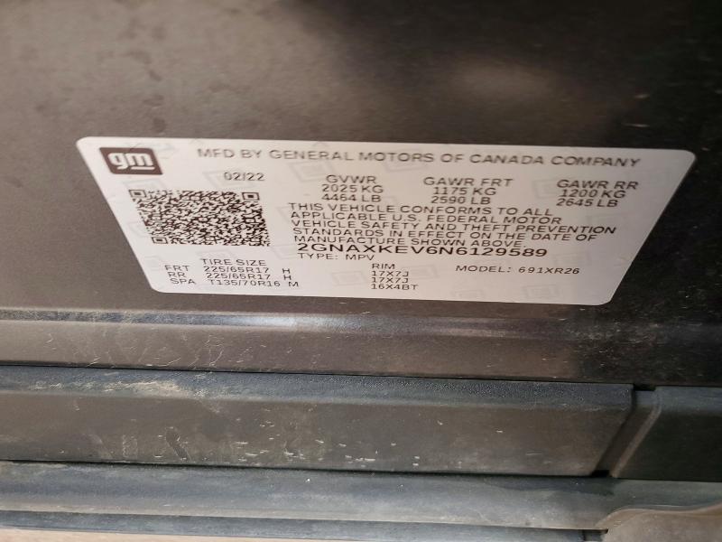 Продаж на аукціоні авто 2022 Chevrolet Equinox, vin: 2GNAXKEV6N6129589, номер лоту: 52459866