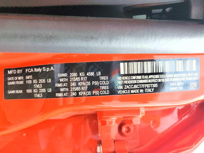 2015 Jeep Renegade მანქანა იყიდება აუქციონზე, vin: ZACCJBCT7FPB77305, აუქციონის ნომერი: 55044996