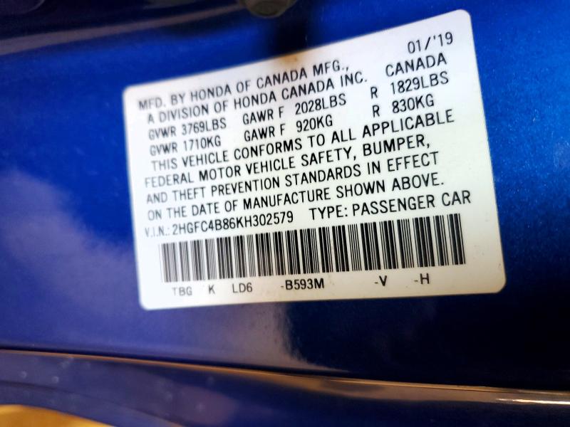 Продаж на аукціоні авто 2019 Honda Civic, vin: 2HGFC4B86KH302579, номер лоту: 53174706