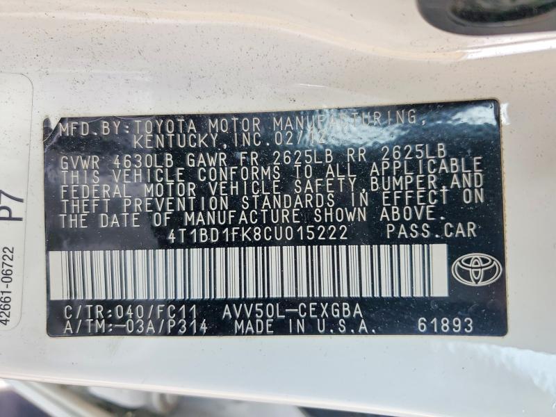 Aukcja sprzedaży 2012 Toyota Camry Hybrid, vin: 4T1BD1FK8CU015222, numer aukcji: 54890396