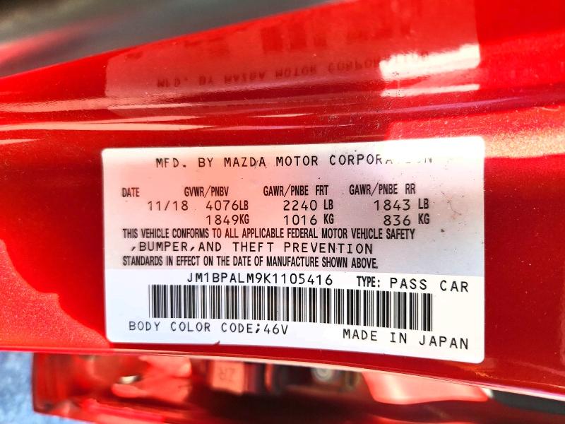 Aukcja sprzedaży 2019 Mazda 3, vin: JM1BPALM9K1105416, numer aukcji: 52412216