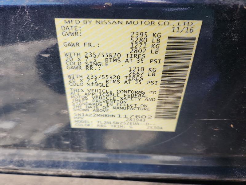 Aukcja sprzedaży 2017 Nissan Murano, vin: 5N1AZ2MH8HN117602, numer aukcji: 53318246