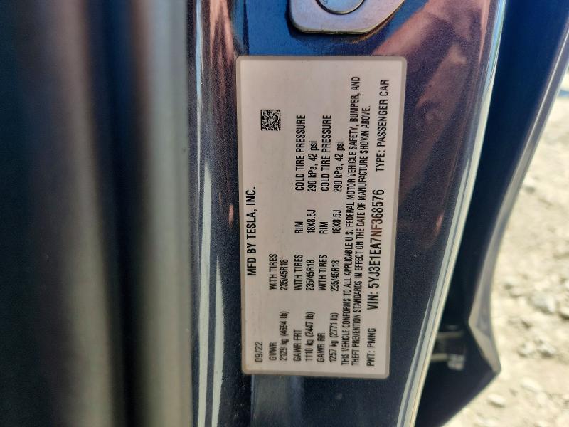 53988706 :رقم المزاد ، 5YJ3E1EA7NF368576 vin ، 2022 Tesla Model 3 مزاد بيع