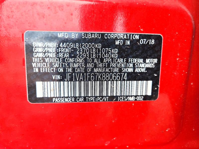 53631316 :رقم المزاد ، JF1VA1F67K8806674 vin ، 2019 Subaru Wrx مزاد بيع
