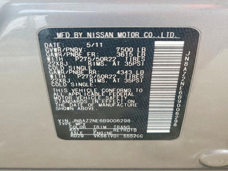 54131216 :رقم المزاد ، JN8AZ2NE6B9006298 vin ، 2011 Infiniti Qx56 مزاد بيع