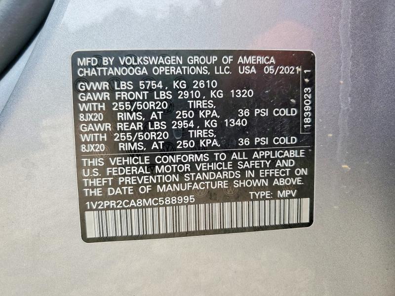 Aukcja sprzedaży 2021 Volkswagen Atlas, vin: 1V2PR2CA8MC588995, numer aukcji: 52072006
